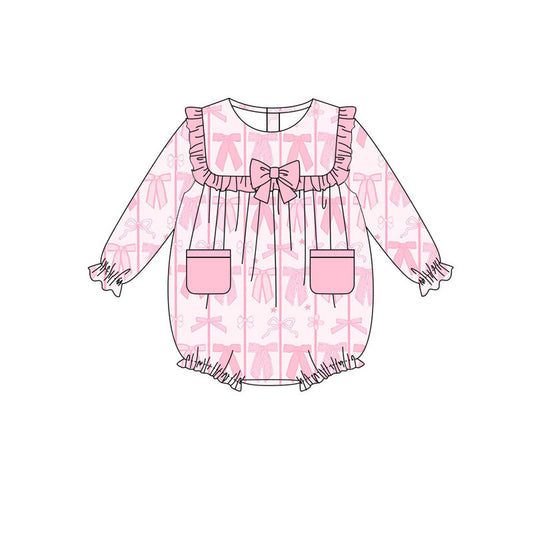 Preorder(moq 8)Baby Girls Pink Stars Bows Valentine Pockets Ruffle Rompers