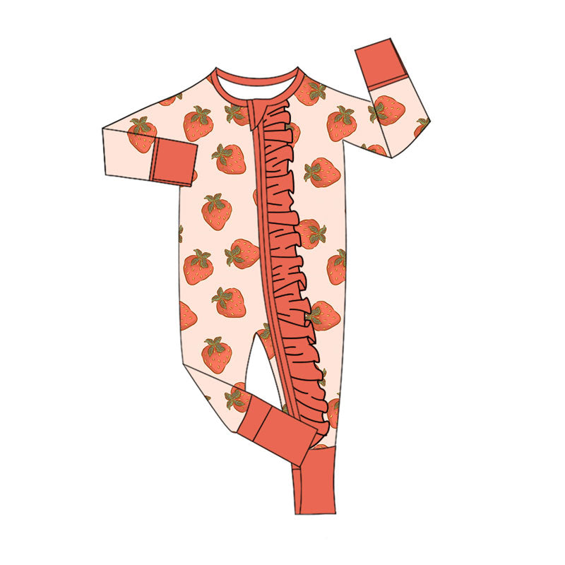 Preorder (moq 5)Baby Girls Berry Happy Strawberry Ruffle Zipper Footie Rompers