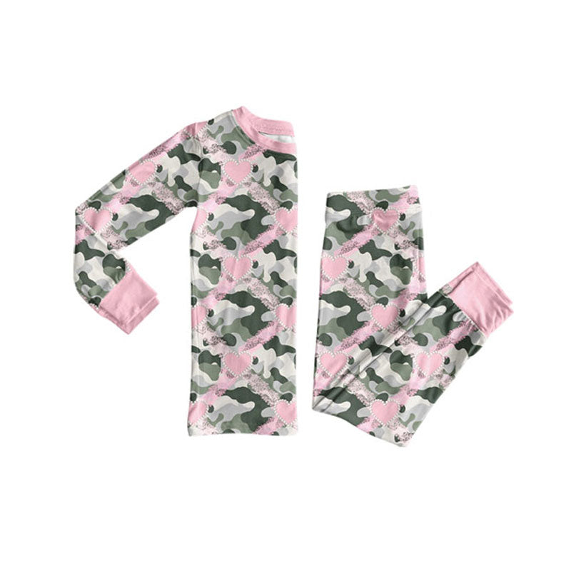 Preorder(moq 8)Baby Girls Olive Camo Hearts Checked Top Pant Pajamas Sets