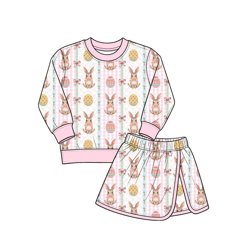 Preorder (moq 5) Girls Easter Pink Bunny Bow Sweatshirt & Skirt 2-Piece Set, Kids Casual Everyday Outfit