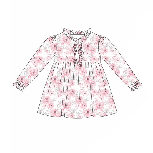 Preorder(moq 5) Baby Girls Long Ruffle Sleeves Pink Flowers Knee Length Dresses
