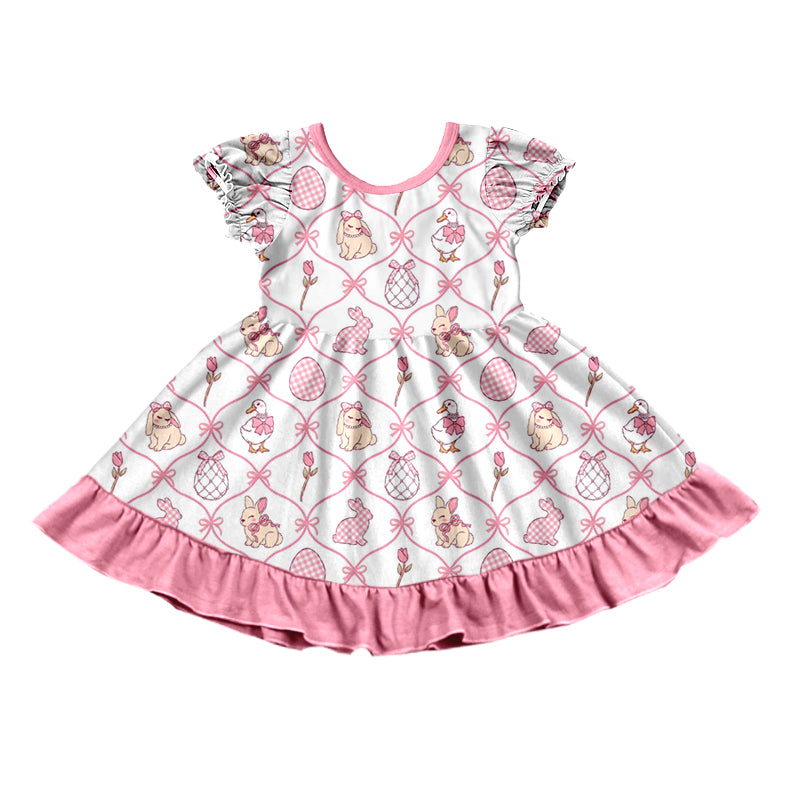 Preorder moq5  Baby Girls’ Dusty Pink Cute Puppy & Bunny Short-Sleeve Round-Neck Ruffle Dress, Matching Sister Outfit