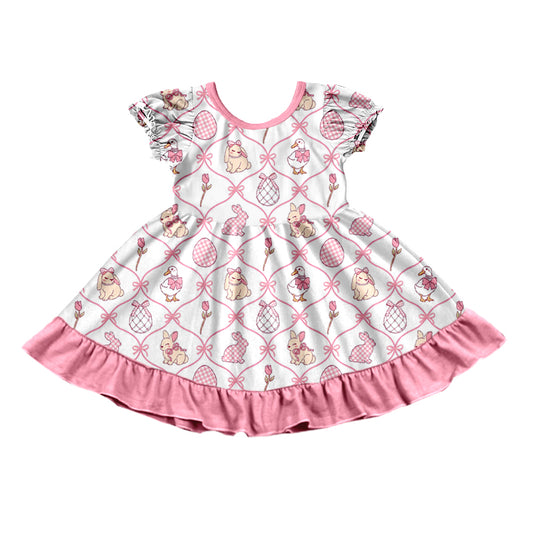 Preorder moq5  Baby Girls’ Dusty Pink Cute Puppy & Bunny Short-Sleeve Round-Neck Ruffle Dress, Matching Sister Outfit
