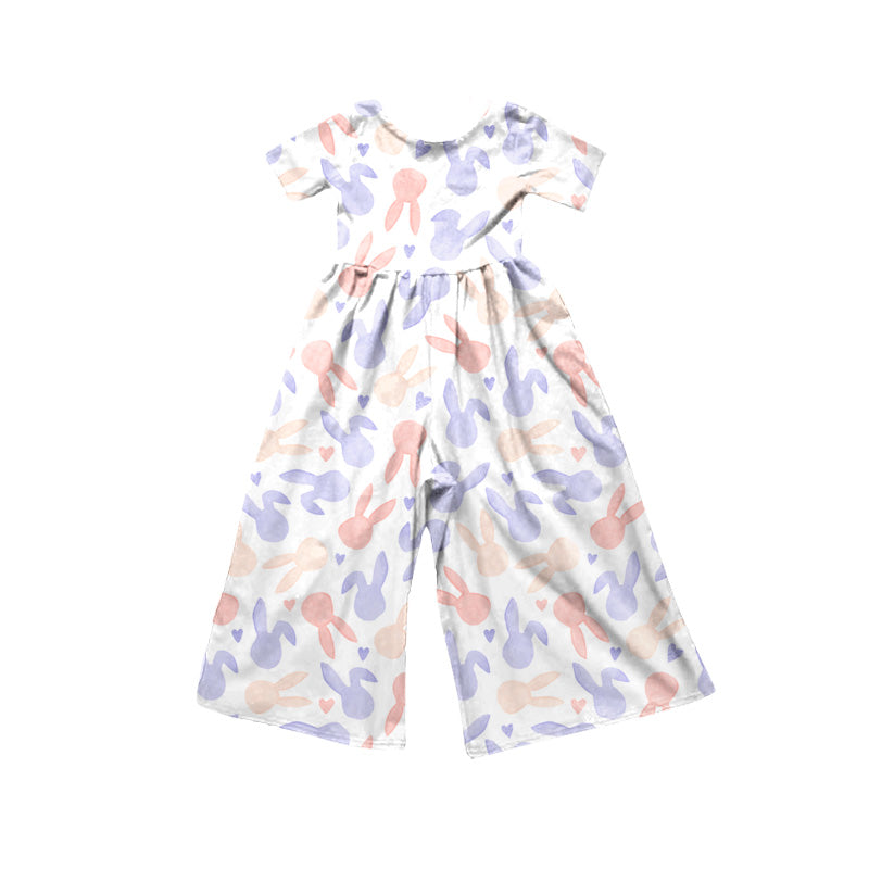 Preorder(moq5)  Girls Casual Soft Short Sleeve Jumpsuit Easter Bunny Donut Print Kids One-Piece Outfit