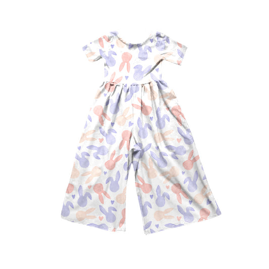 Preorder(moq5)  Girls Casual Soft Short Sleeve Jumpsuit Easter Bunny Donut Print Kids One-Piece Outfit