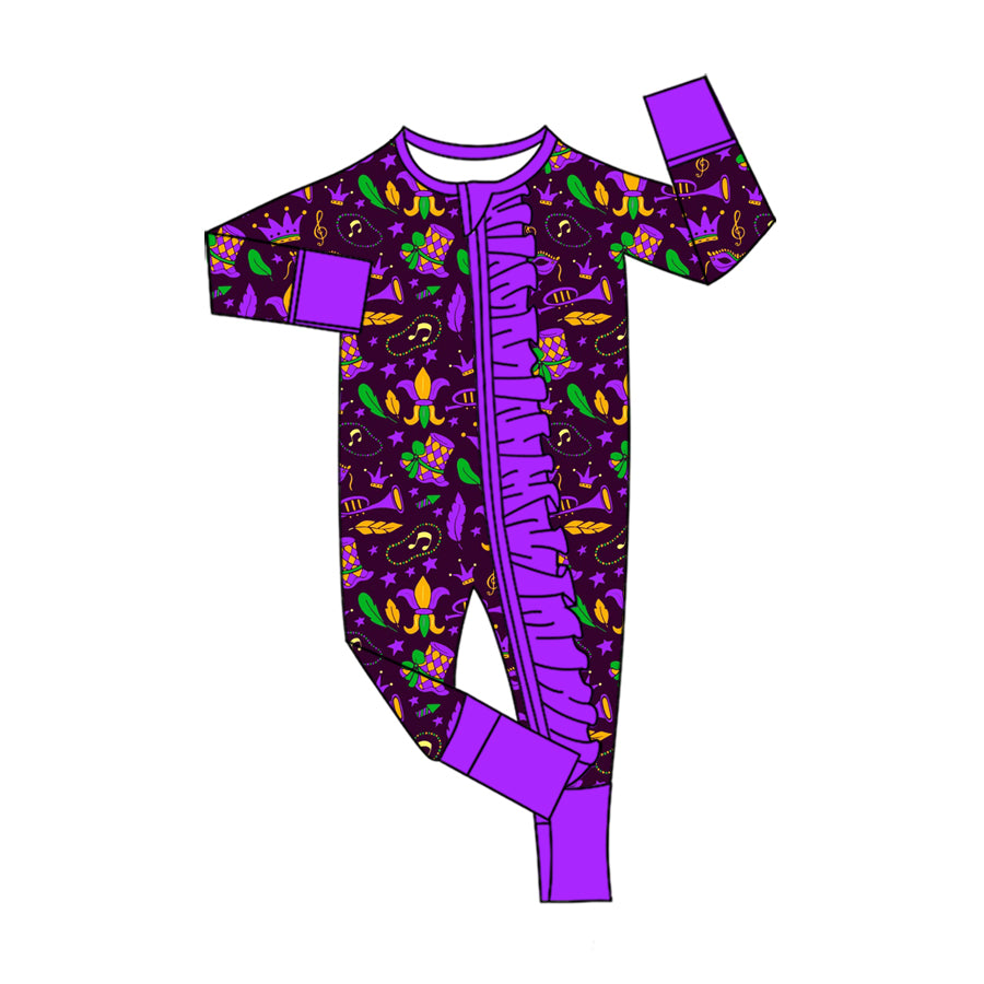 Preorder (moq 5) Baby Girls Mardigras Masks Two Way Ruffle Zip Convertible Rompers