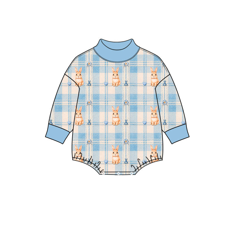 Preorder (moq 5) Baby Girl Clothes Cute Bunny Blue Plaid Heart Floral Print Long Sleeve Mock Neck Baby Bodysuit