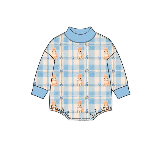 Preorder (moq 5) Baby Girl Clothes Cute Bunny Blue Plaid Heart Floral Print Long Sleeve Mock Neck Baby Bodysuit