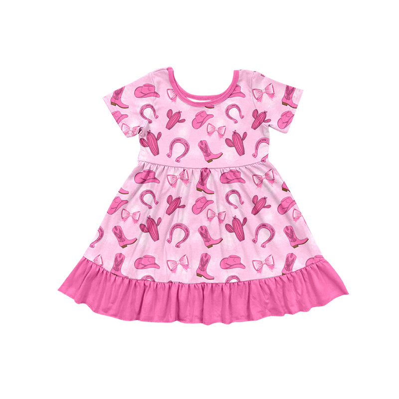Preorder (moq 5)Baby Girls Pink Hat Boots Cactus Western Ruffle Knee Length Dresses