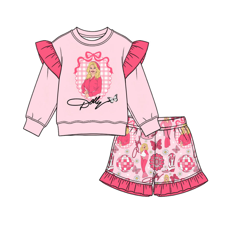 Preorder (moq 5) Baby Girl Clothes Pink Cowgirl Butterfly Disco Ball Mixed Print Long Sleeve Ruffle Top Short Ruffle Pant Set