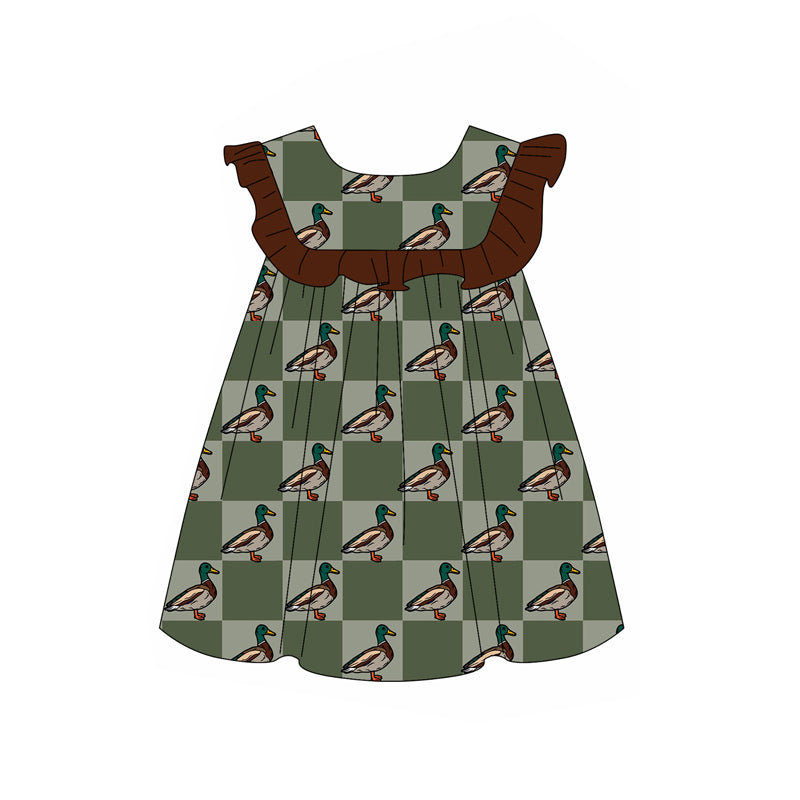 Preorder (moq 5)Baby Girls Green Checkered Ducks Ruffle Knee Length Dresses
