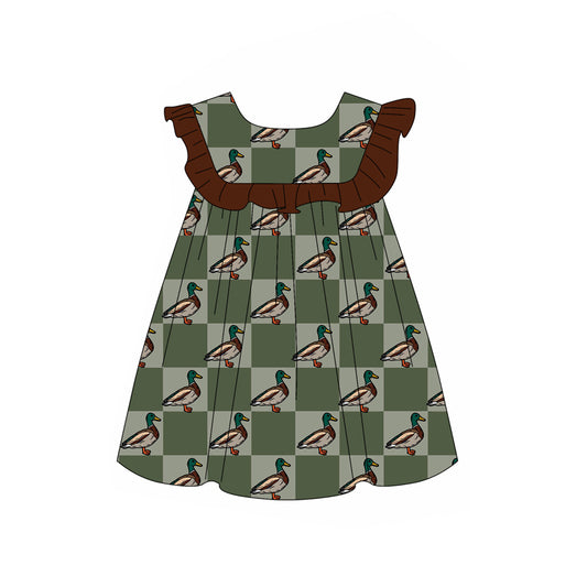 Preorder (moq 5)Baby Girls Green Checkered Ducks Ruffle Knee Length Dresses
