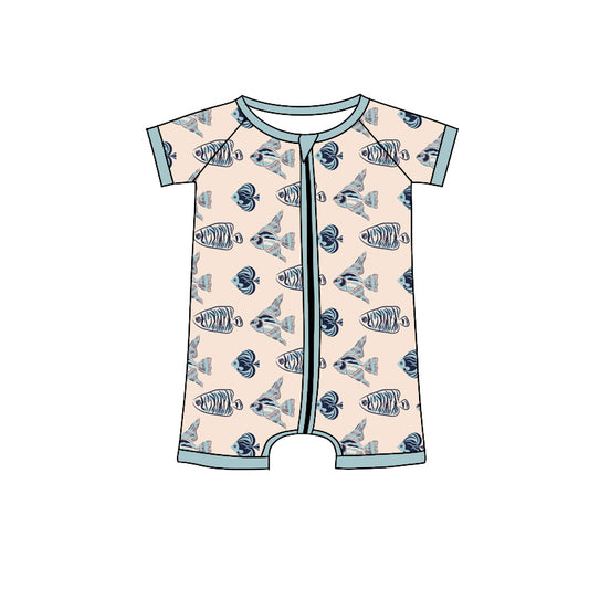 Preorder(moq 5)Baby Infant Boys Cute Fish Zip Summer Rompers ）