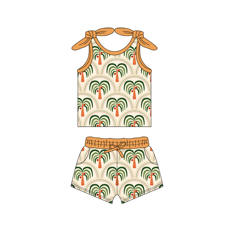 Preorder moq 5 Baby Girls Bows Sleeveless Trees Rainbows Top Pockets Short Set