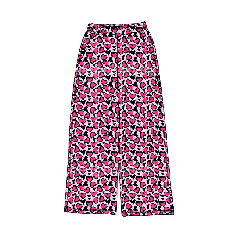 Pre-order(moq5) Girls’ Fall Fuchsia Heart Print Wide-Leg Pants, Elastic-Waist Casual Straight-Leg Long Trousers