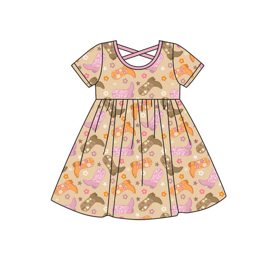 Preorder(moq 5) Baby Girls Boots Flowers Stars Western Knee Length Dresses