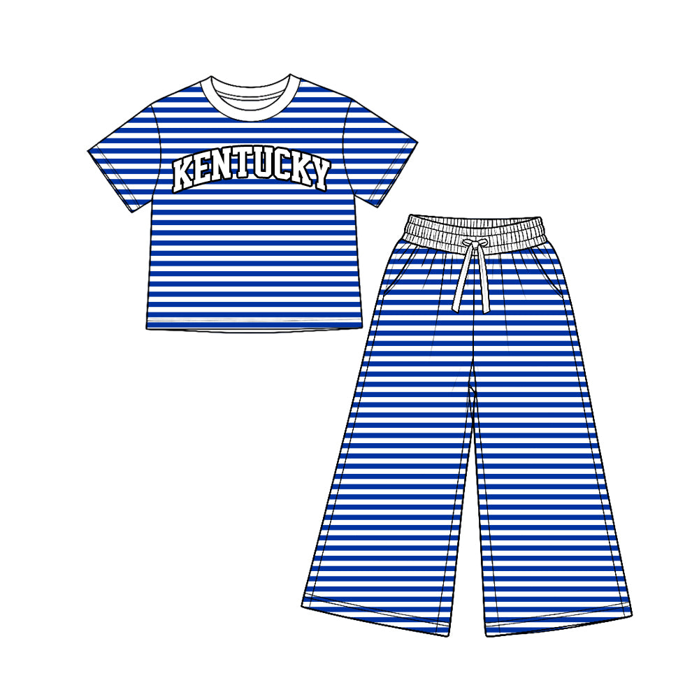Preorder (moq5) Girls’ Blue Team Round-Neck Short-Sleeve Striped Letter-Print Top & Elastic-Waist Wide-Leg Pants Set