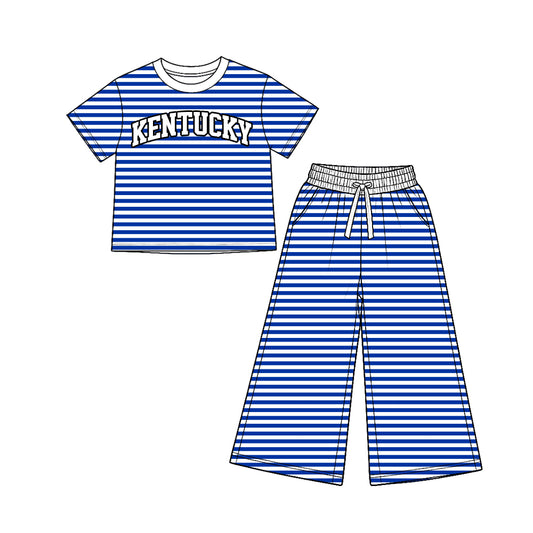 Preorder (moq5) Girls’ Blue Team Round-Neck Short-Sleeve Striped Letter-Print Top & Elastic-Waist Wide-Leg Pants Set