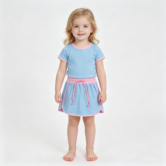 Baby Girls Blue Short Sleeve Top Skirt Shorts Cotton Clothes Sets