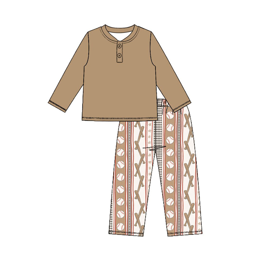 Preorder (moq 5) Baby Boy Clothes Baseball Bat Plaid Striped Mixed Print Long Sleeve Henley Pant Set