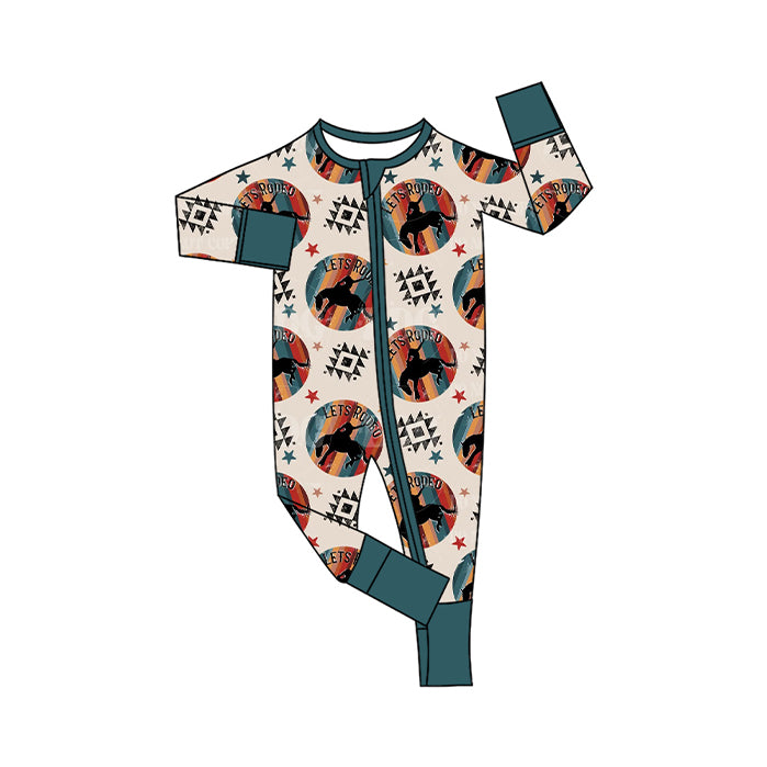 Preorder (moq 20)Baby Boys Bamboo Aztec Horse Rodeos Western Two Way Zip Convertible Rompers