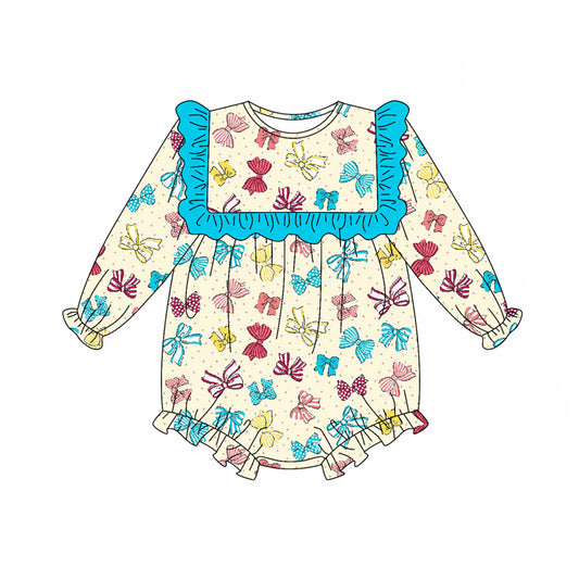 Preorder (moq 5)Baby Girls Long Sleeves Colorful Bows Ruffle Rompers
