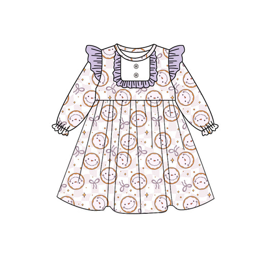 Preorder (moq 5)Baby Girls Purple Smile Bows Ruffle Knee Length Dresses