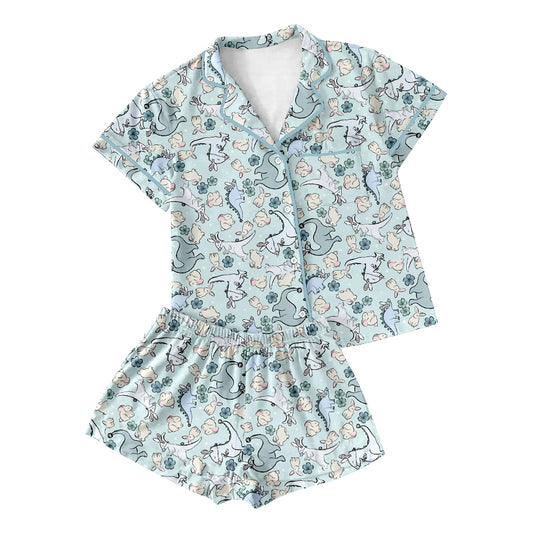 Preorder moq 5 Adult Women Rabbit Flower Dinosaurs Button Pockets Top Shorts Easter Pajamas Sets