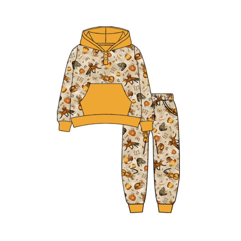 Preorder (moq 5)Baby Boys Long Sleeves Pumpkins Button Pockets Hoodies Top Legging Pants Fall Set
