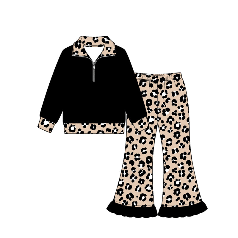 Preorder (moq 5) Baby Girl Clothes Boho Warm Tone Leopard Print Long Sleeve Half Zip Top Ruffle Flare Pant Set