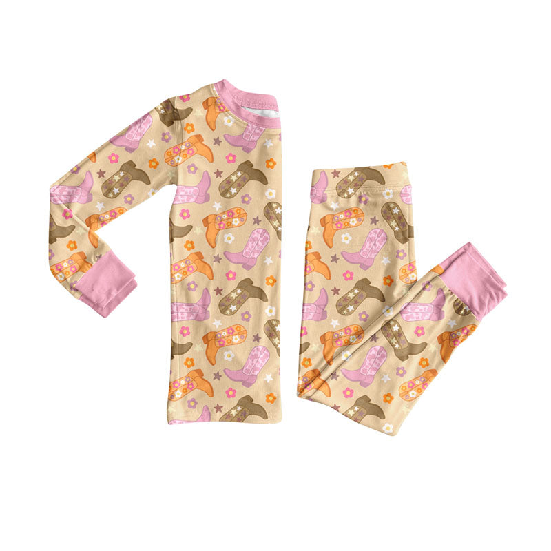 Preorder(moq 5) Baby Girls Boots Flowers Stars Top Pants Western Pajamas Sets