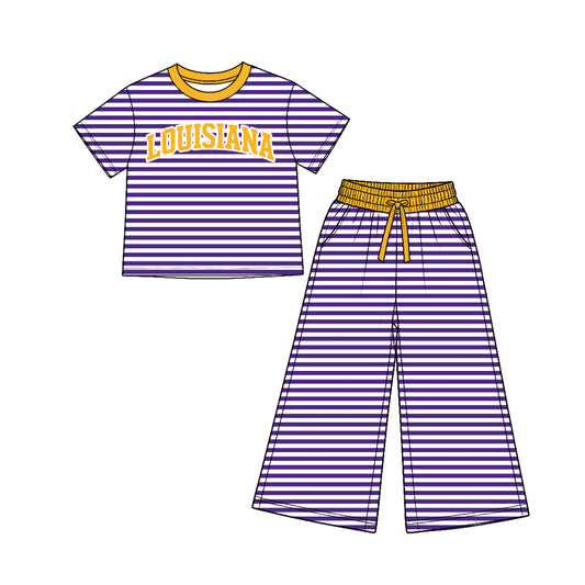 Preorder (moq5) Girls’ Purple Team Round-Neck Short-Sleeve Striped Letter-Print Top & Elastic-Waist Wide-Leg Pants Set