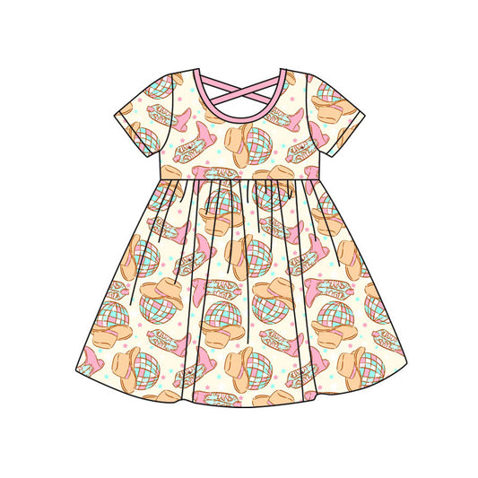 Preorder(moq 5) Baby Girls Pink Howdy Hats Boots Western Knee Length Dresses