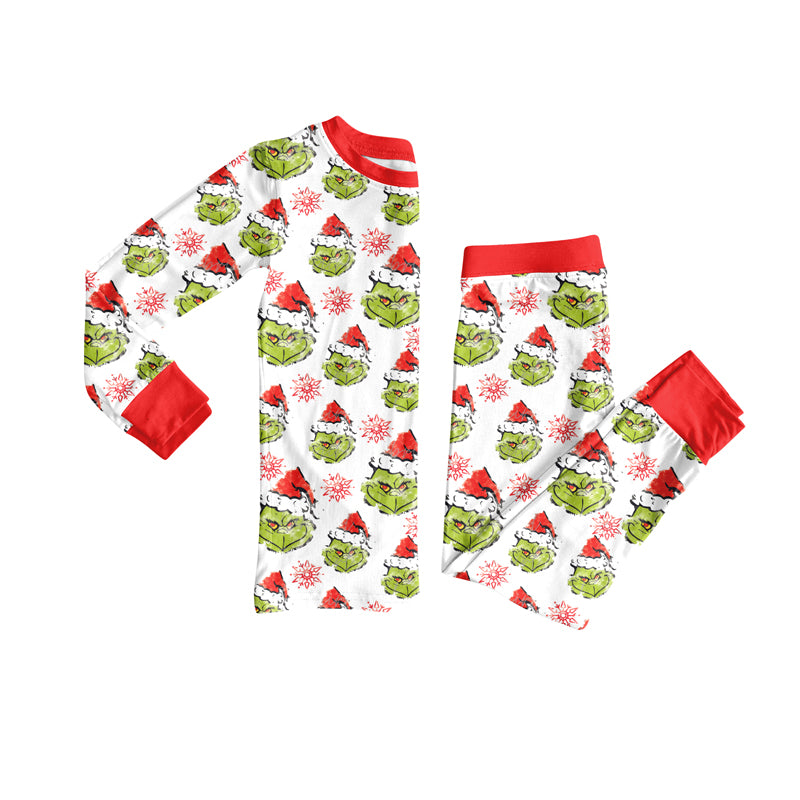 Preorder(moq 5) Baby Girls Green Face Snowflake Top Pants Christmas Pajamas Set