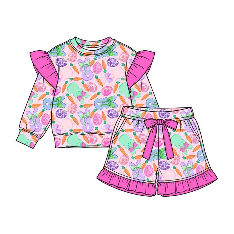 Preorder (moq 5)Baby Girls Carrots Rabbits Long Sleeve Top Pockets Ruffle Short Easter Clothes Set