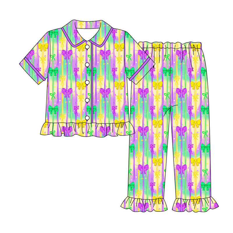 Preorder (moq 5)Baby Girls Bows Stripe Button Top Ruffle Pants Mardigras Pajamas Sets