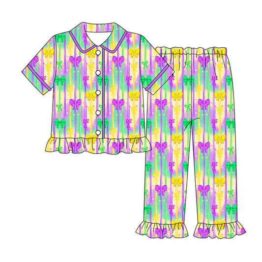 Preorder (moq 5)Baby Girls Bows Stripe Button Top Ruffle Pants Mardigras Pajamas Sets