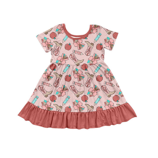 Preorder (moq 5)Baby Girls Pencils Boots Apples Back to School Ruffle Knee Length Dress