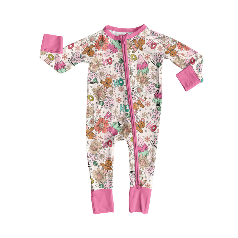 Preorder moq 5 Baby Girls Long Sleeves Pink Flowers Gingerbread Zipper Rompers