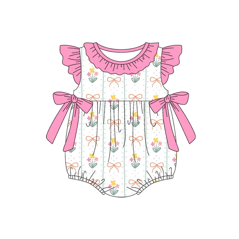 Preorder moq 5 Baby Girls Pink Flutter Sleeves Flowers Bows Ruffle Rompers
