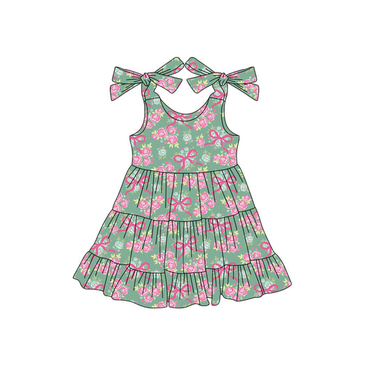 Preorder (moq 5)Baby Girls Green Strap Bows Flowers Ruffle Knee Length Dresses