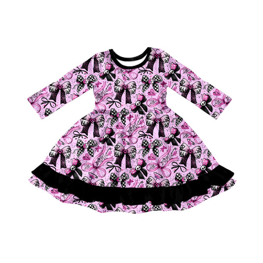 Preorder (moq 5)Baby Girls Skull Bows Plaid Ruffle Halloween Knee Length Dress