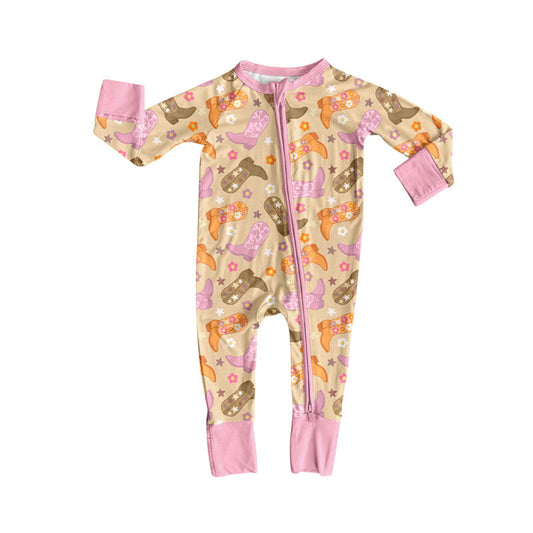Preorder (moq 5)Baby Girls Boots Flowers Stars Western Zipper Footie Rompers