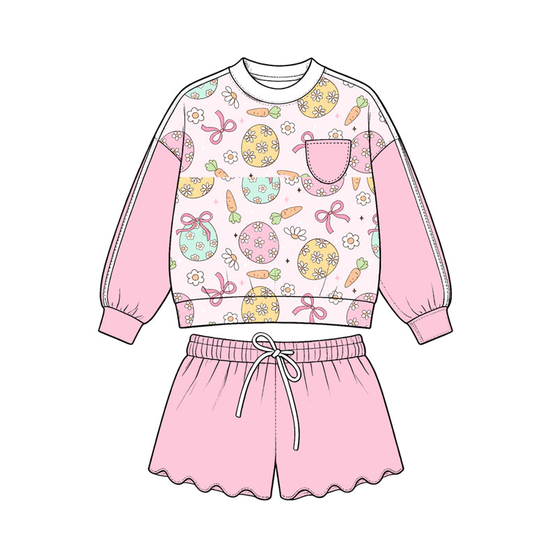 Preorder (moq 5) Girls’ All-Over Bow, Bunny & Carrot Print Cropped Sweatshirt & Wavy Ruffle Shorts 2-Piece Sweet Pink Set