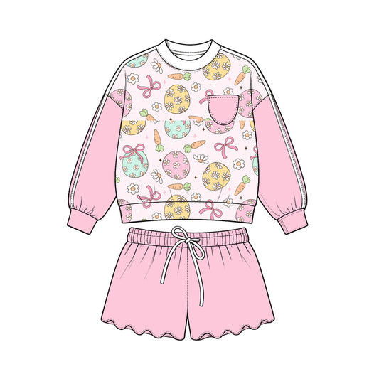 Preorder (moq 5) Girls’ All-Over Bow, Bunny & Carrot Print Cropped Sweatshirt & Wavy Ruffle Shorts 2-Piece Sweet Pink Set