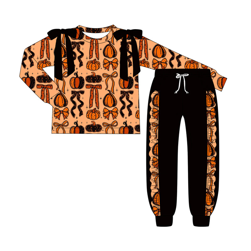 Preorder (moq 5)Baby Girls Long Sleeves Bows Pumpkins Top Pockets Pant Clothes Set