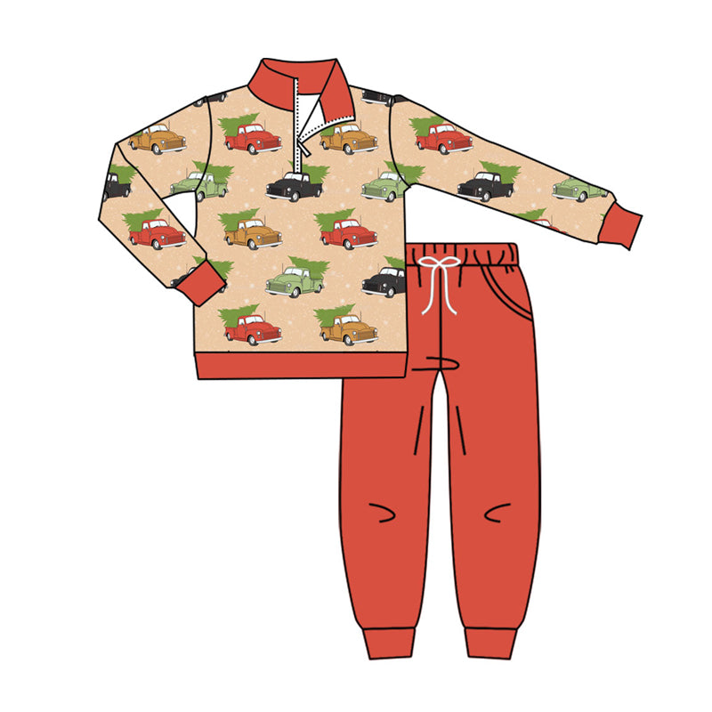 Preorder (moq 5)Baby Boys Green Red Cars Trees Zipper Pullover Pockets Jogger Christmas Clothes Sets