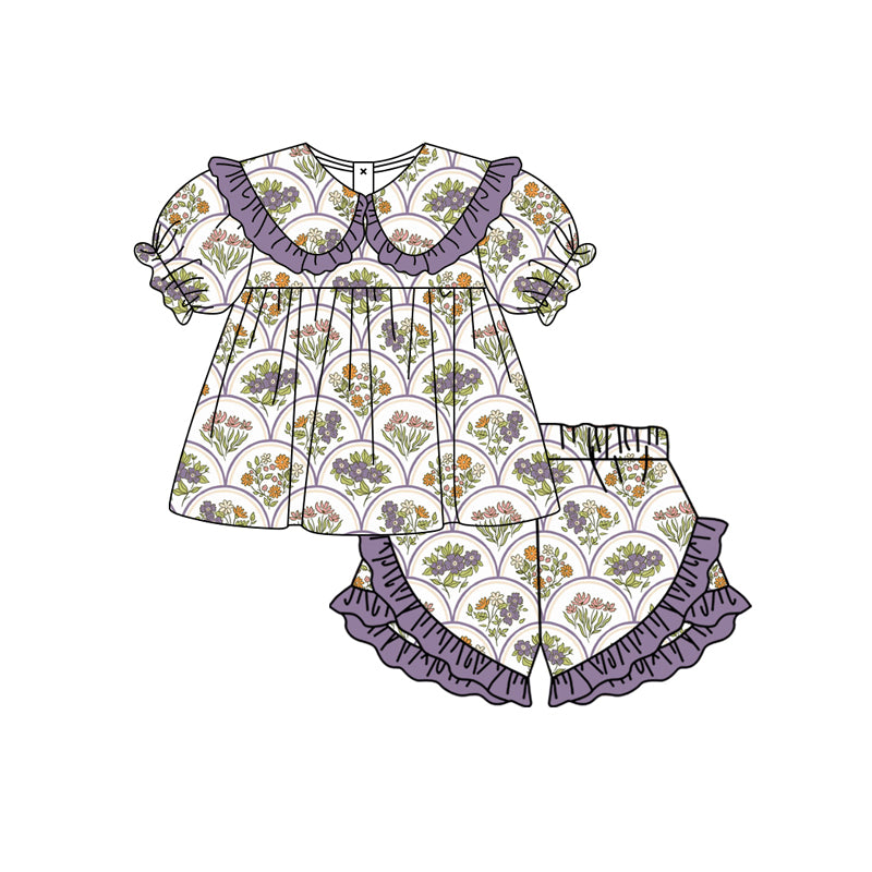 Preorder moq 5 Baby Girls Colorful Flowers Collar Tunic Ruffle Shorts Clothes Set