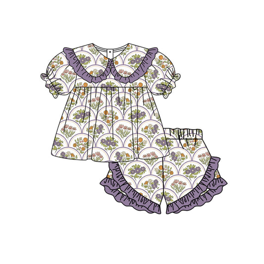 Preorder moq 5 Baby Girls Colorful Flowers Collar Tunic Ruffle Shorts Clothes Set