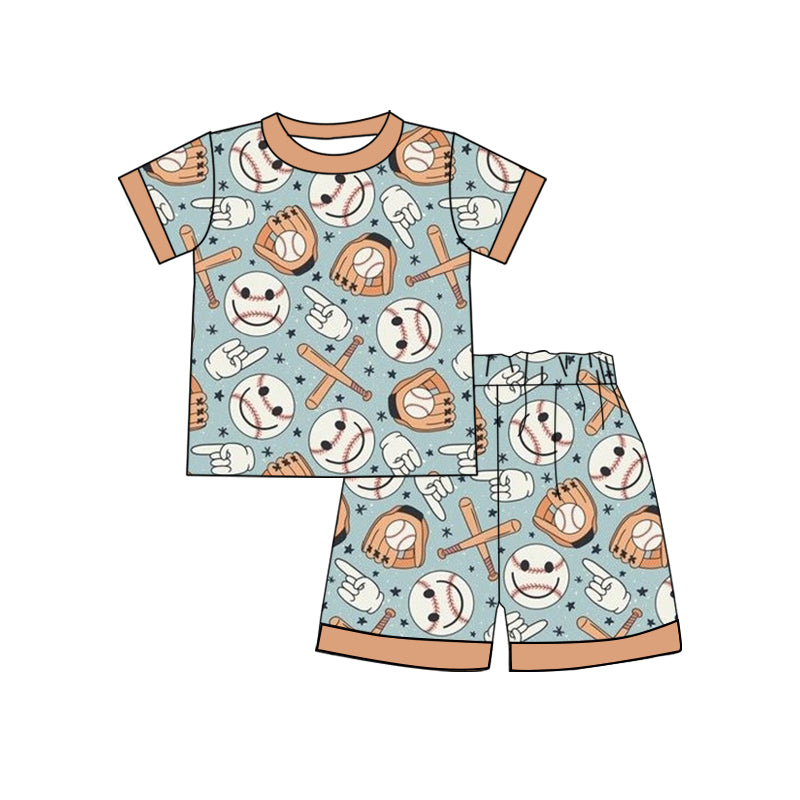 Preorder (moq 5) Baby Boy Clothes Smiley Baseball Glove Bat Mixed Print Short Sleeve Tee Shorts Set